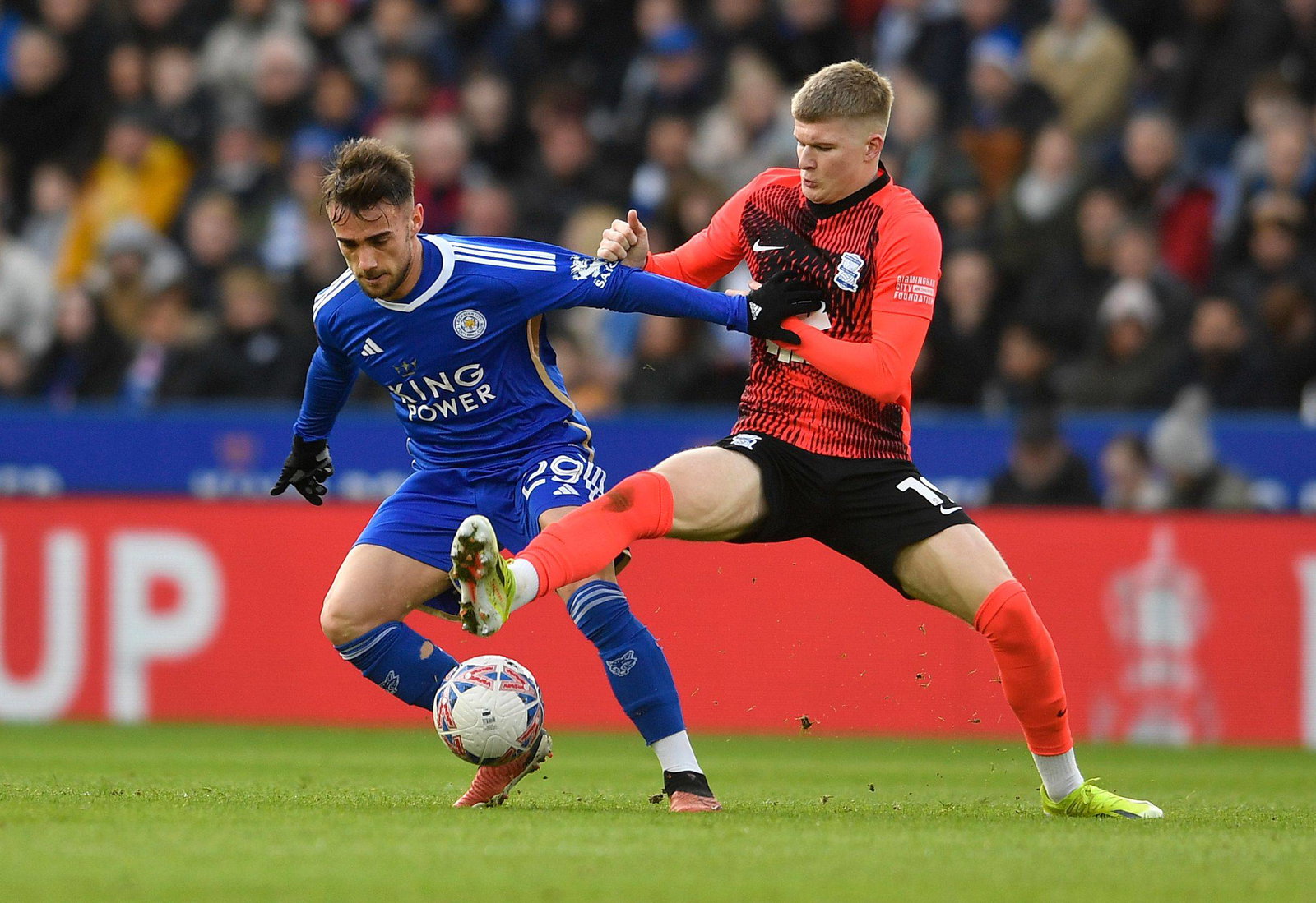 Yunus Akgun of Leicester City in action with Jordan James of Birmingham City Leicester City v Birmingham City, Emirates
