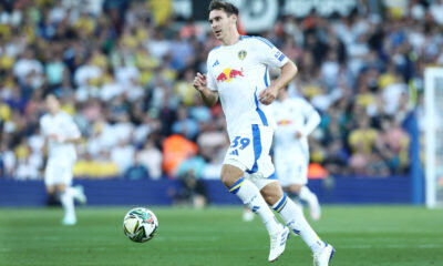 Max Wöber in action for Leeds United, focused and determined during a match.