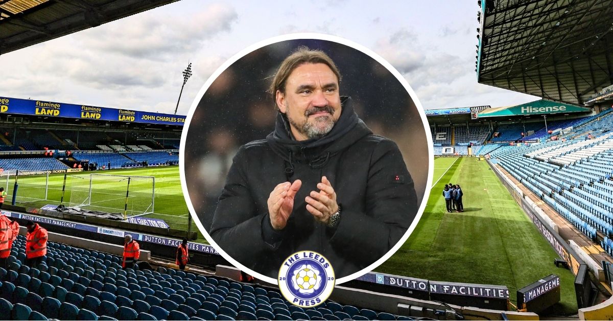 Leeds United manager Daniel Farke in a circular insert with Elland Road in the background.