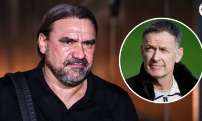 Leeds United manager Daniel Farke, Chris Sutton in a circular insert.