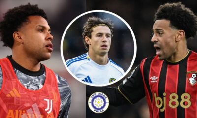 Leeds United midfielder Brenden Aaronson in a circular insert with Weston McKennie and Tyler Adams either side of him.