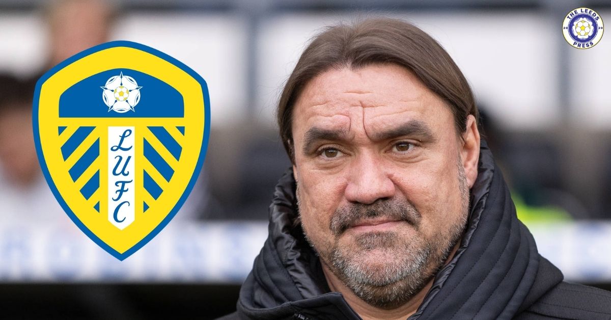 Leeds United manager Daniel Farke next to a Leeds badge
