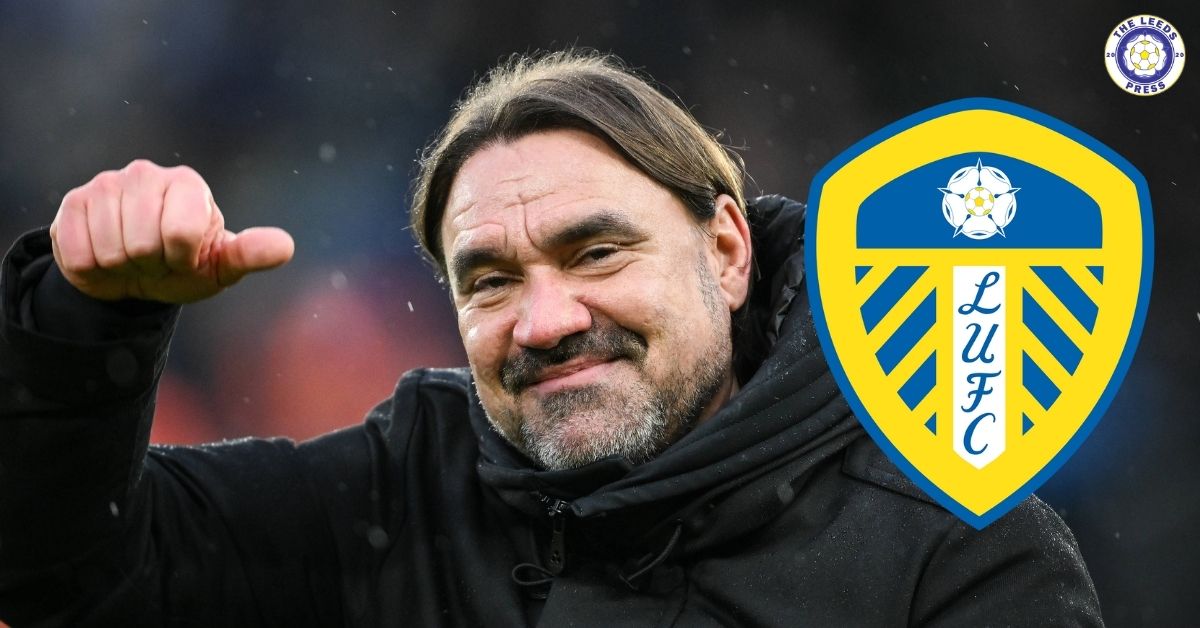 Leeds United manager Daniel Farke holding a thumbs up and smiling next to a Leeds badge.