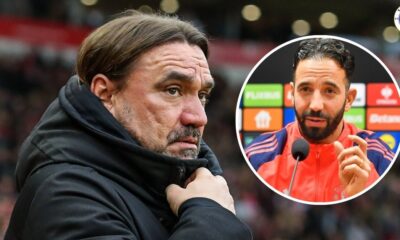 Leeds United manager Daniel Farke, Manchester United manager Ruben Amorim in a circular insert.