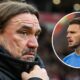 Leeds United manager Daniel Farke, Lucas Perri in a circular insert