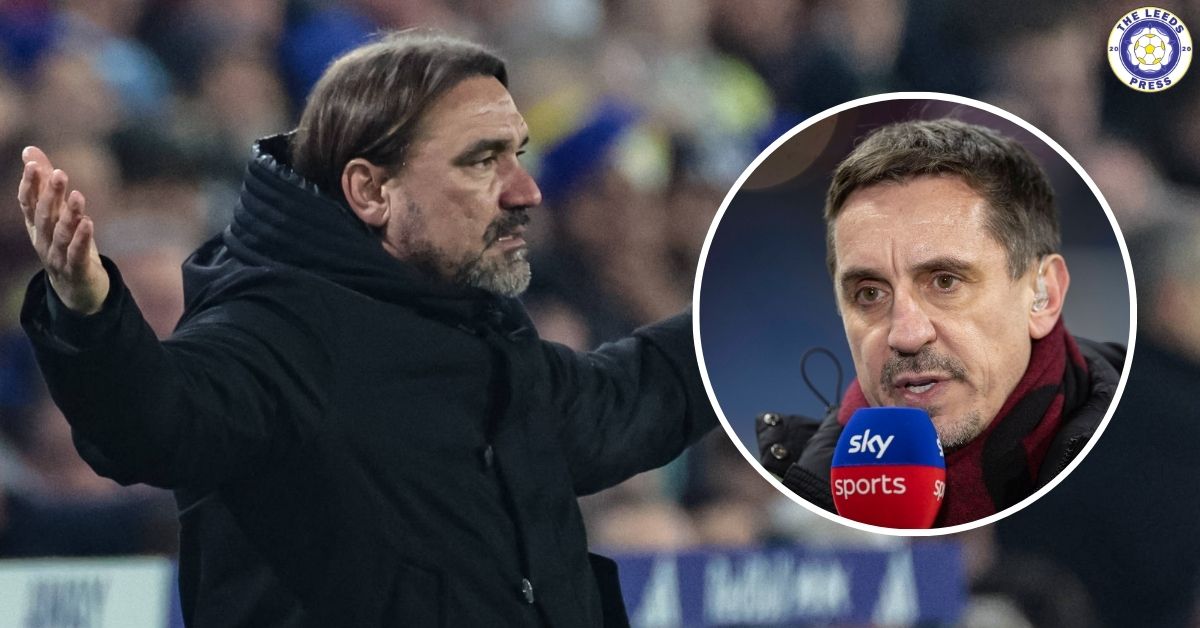 Leeds United manager Daniel Farke, Gary Neville in a circular insert.