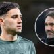 Facundo Buonanotte looking at Leeds manager Daniel Farke in a circular insert.