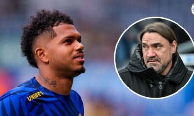 Georginio Rutter looking towards Daniel Farke in a circular insert.