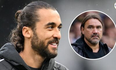 Dominic Calvert-Lewin looking at Daniel Farke in a circular insert.