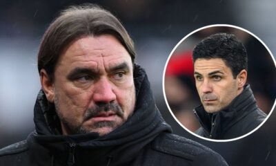 Leeds United manager Daniel Farke, Arsenal manager Mikel Arteta in a circular insert.