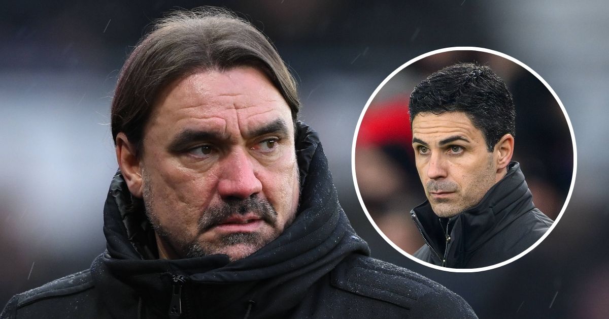 Leeds United manager Daniel Farke, Arsenal manager Mikel Arteta in a circular insert.