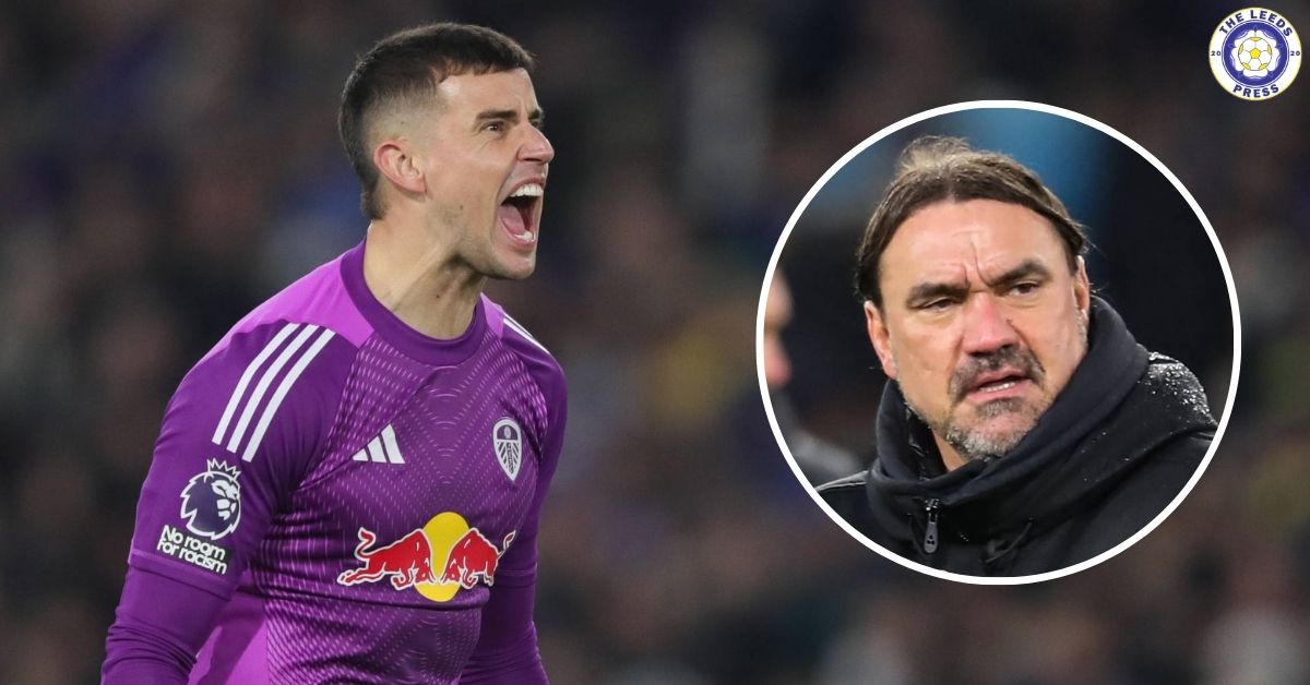 Leeds United goalkeeper Karl Darlow, Daniel Farke in a circular insert.