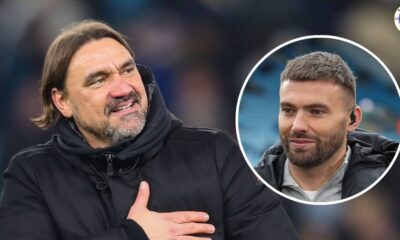 Leeds United manager Daniel Farke, Stuart Dallas in a circular insert.