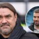 Leeds United manager Daniel Farke, Stuart Dallas in a circular insert.