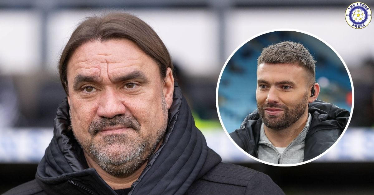 Leeds United manager Daniel Farke, Stuart Dallas in a circular insert.