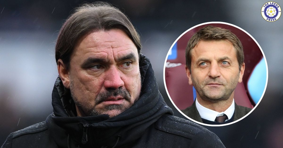 Leeds United manager Daniel Farke, Tim Sherwood in a circular insert.