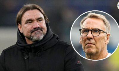 Leeds United manager Daniel Farke, Paul Merson in a circular insert.