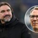 Leeds United manager Daniel Farke, Paul Merson in a circular insert.