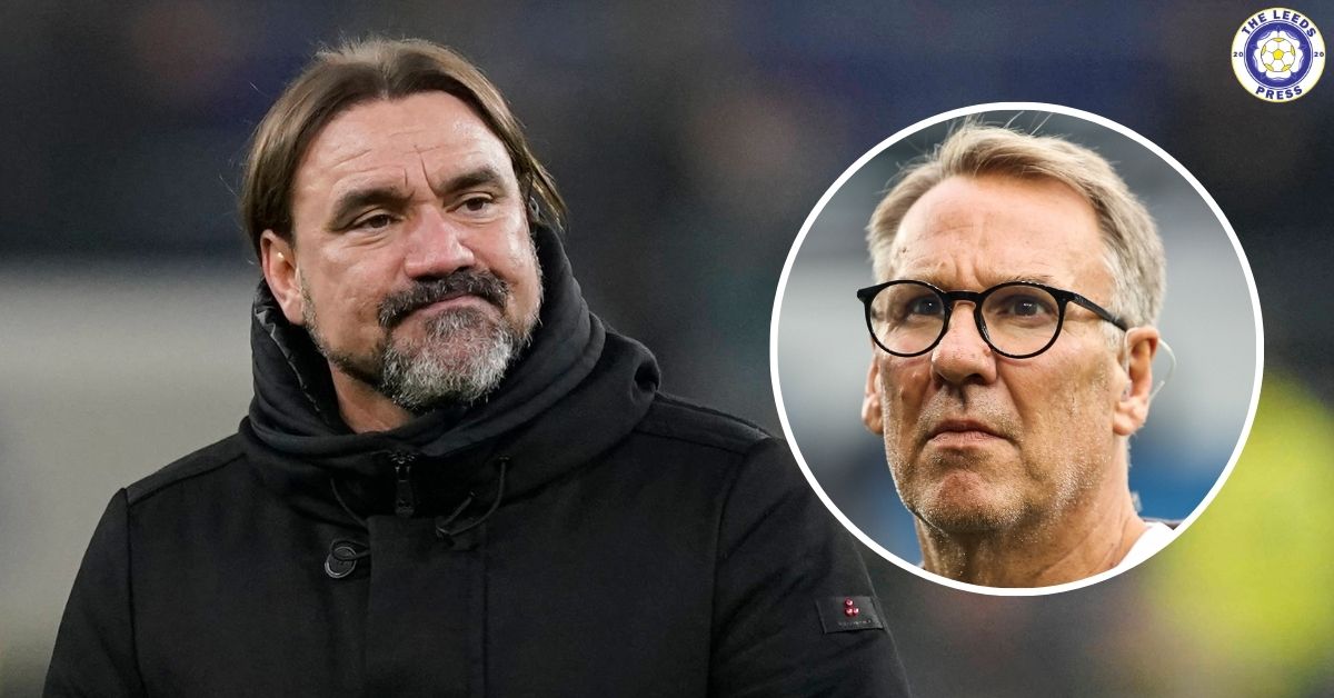 Leeds United manager Daniel Farke, Paul Merson in a circular insert.