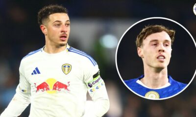 Leeds United captain Ethan Ampadu, Chelsea player Cole Palmer in a circular insert.