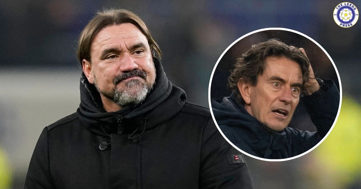 Leeds United manager Daniel Farke, Thomas Frank in a circular insert.