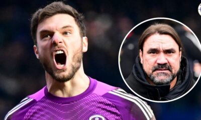 Leeds United goalkeeper Lucas Perri, Daniel Farke in a circular insert.