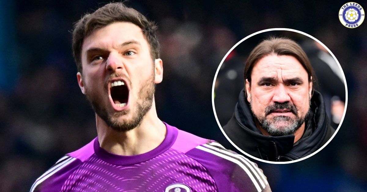 Leeds United goalkeeper Lucas Perri, Daniel Farke in a circular insert.