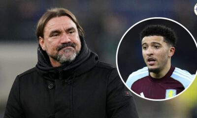 Leeds United manager Daniel Farke, Jadon Sancho in a circular insert.