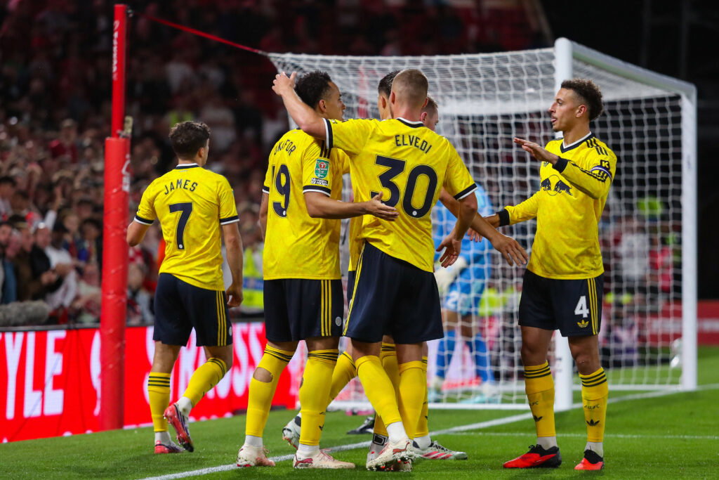 Leeds United players celebrate against Forest