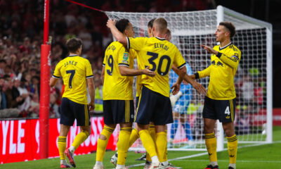 Leeds United players celebrate against Forest