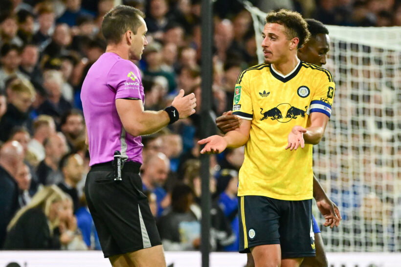 Ethan Ampadu pleads with the referee
